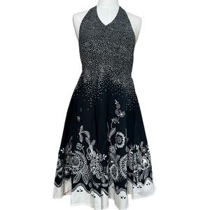 Y2K Black White Polka Dot Floral Halter Neck Midi Dress